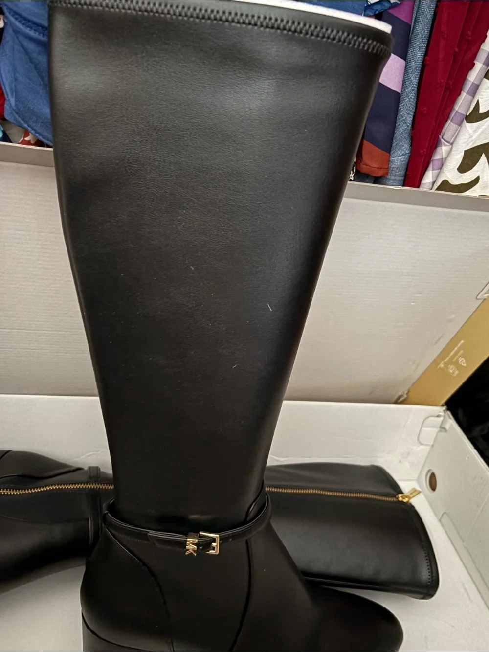 Michael Kors Black Leather Over-The-Knee Riding Boots with Gold Bit